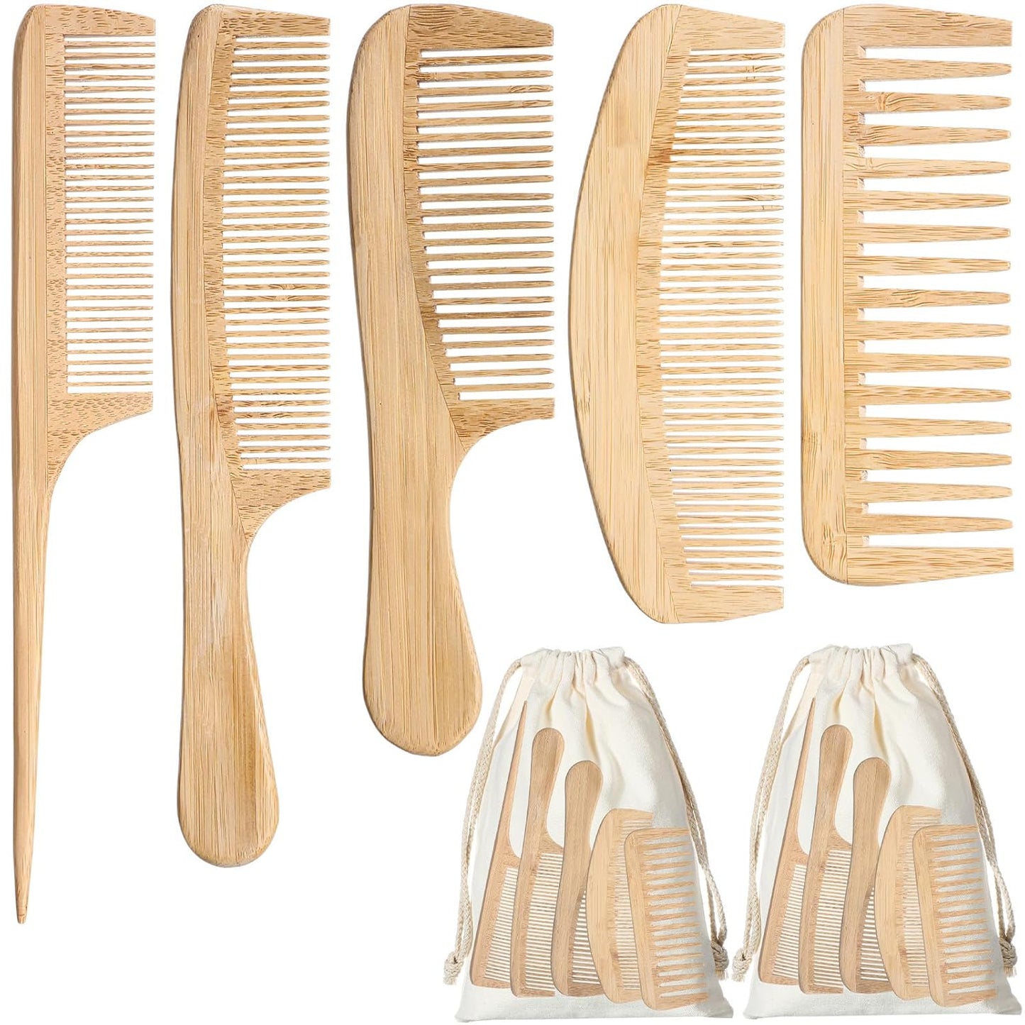 10 Pcs Natural Handmade Bamboo Comb Set Anti-static Set Includes Wide fine Tooth Rat Tail Tooth Combs for Detangling Long Short Thick Thin Curly or Wavy Hair Suitable for Both Women and Men